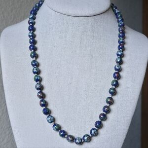 Vintage Cloisonne Blue Green Floral Beaded Single Strand Necklace